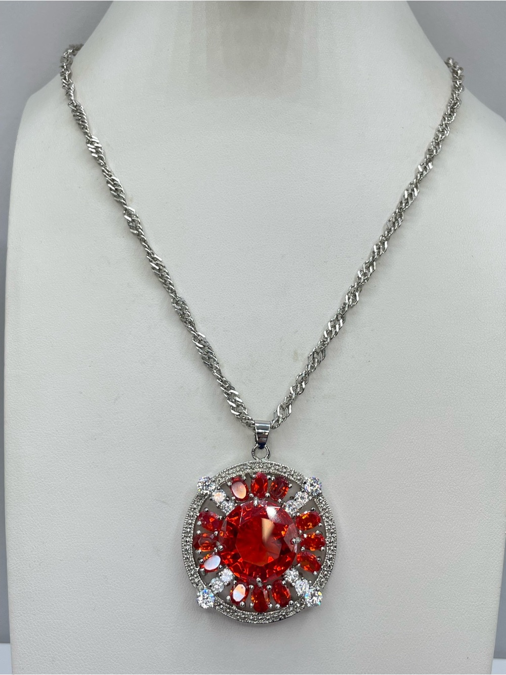 Statement Red Crystal Medallion Necklace Silver Tone White Crystal Pendant